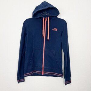 The North Face Womens Small Navy Blue Orange Logo Stretch Full Zip Hooded Jacket